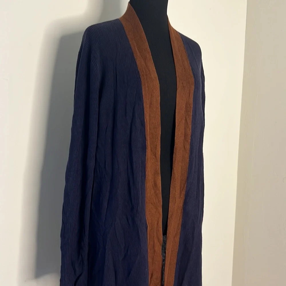 EILEEN FISHER Navy Blue Brown Trim Tencel Silk Knit Open Long Cardigan L - Picture 7 of 9